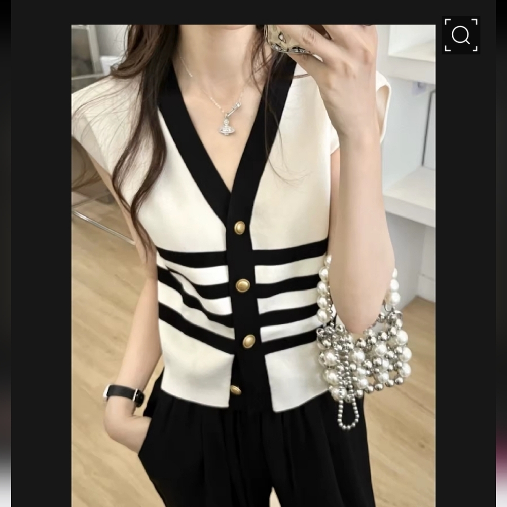 Chic Black and White Striped V Neck Soft Knit Vest Silver Buttons Free SIZE